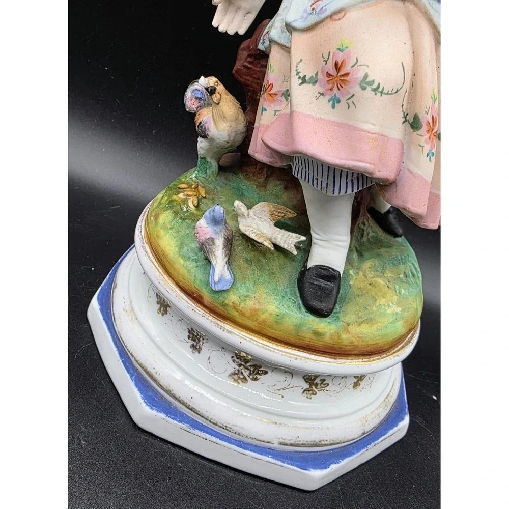 Antique French Porcelain Bisque Girl Feeding Birds Figurine Sculpture 11